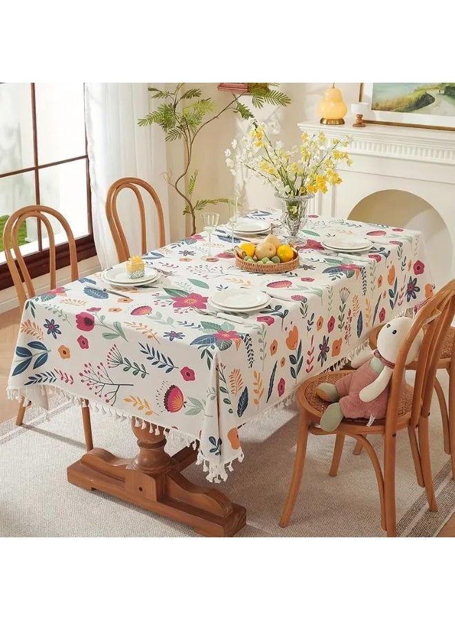 UKR Floral Tablecloth with Tassels Linen Wrinkle-Resistant Table Cover for Kitchen & Dining –  Decorative Rectangular Table for Home & Parties - Image 3