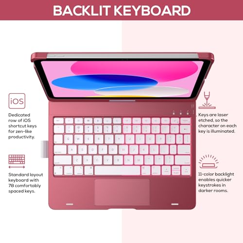 typecase حافظة تايب كيس لتابلت آيباد الجيل العاشر مع لوحة مفاتيح (10.9"، 2022) وآيباد A16 (الجيل الحادي عشر، 2025) – قابلة للدوران 360°، إضاءة خلفية بـ 11 لون، لوحة تتبع متعددة اللمس، رقيقة وخفيفة (وردي) - Image 3