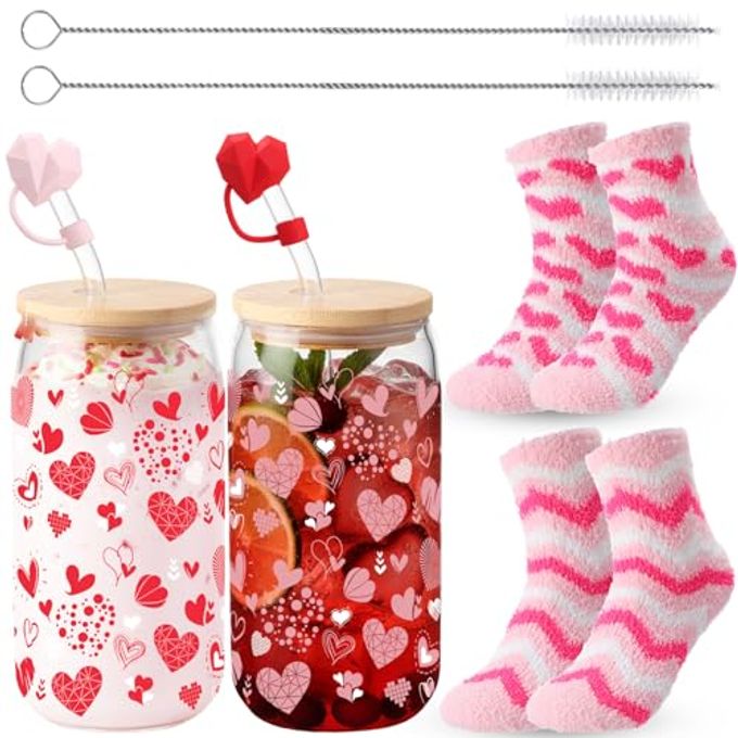 Sliner 2 Set Valentines Day Gifts 16 oz Galentines Heart Glass Cups with Coral Fleece Socks, Valentines Cups with Lid Straw and Heart Straw Topper for Her Women Friends BFF Couple Gifts(Style 1)