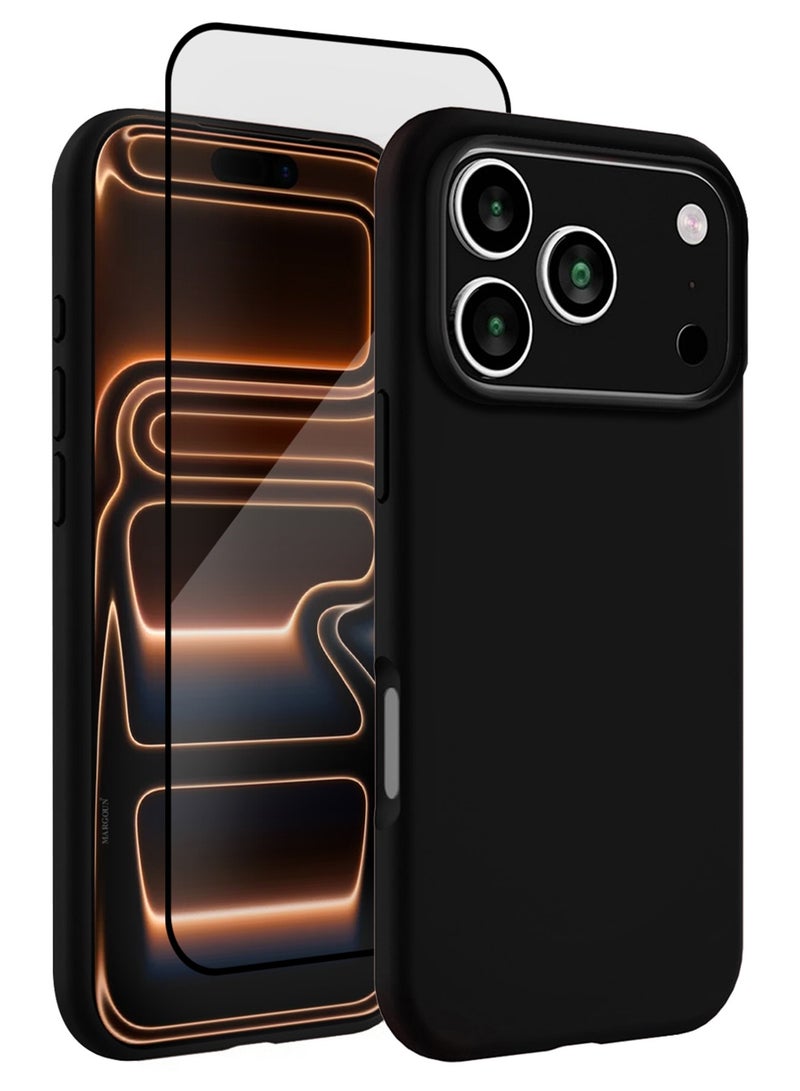 2 Packs Silicone Protective Phone Case for iPhone 17 Pro - Soft Anti-Scratch Microfiber Lining Ultra Slim Drop Protection Phone Cover with 3D Screen Protector - Black