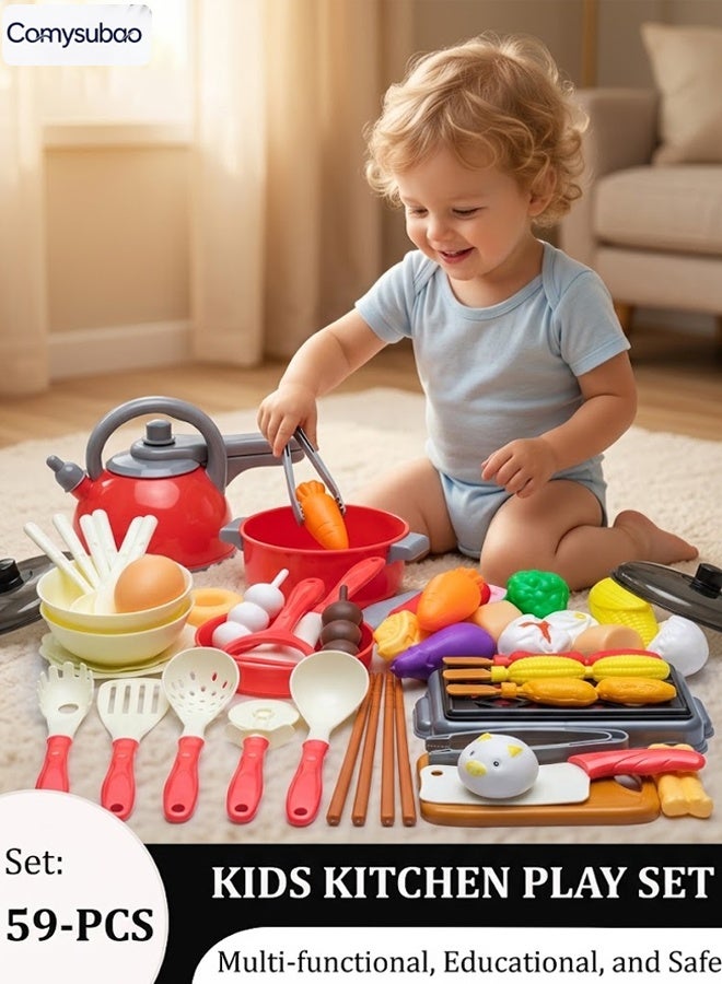 Comysubao Kids Kitchen Playset, 59-Piece Pretend Cooking Toys with Toy Cookware, Play Food, Tableware & Fruit, Interactive Sound Effects, Velcro Accessories, Pretend Play Kitchen Set for Boys & Girls, Portable Storage Toy Set - Image 1