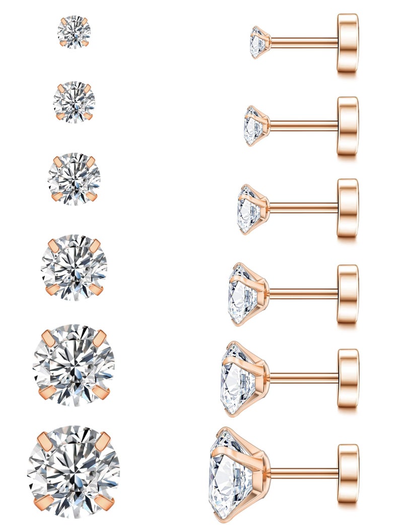 WSSXC 20G Hypoallergenic Flat Back Earrings for Women Men Silver 14K Gold Stainless Steel Stud Earrings Brithstone Cubic Zirconia Studs Surgical Steel Cartilage Earrings for Sensitive Ears