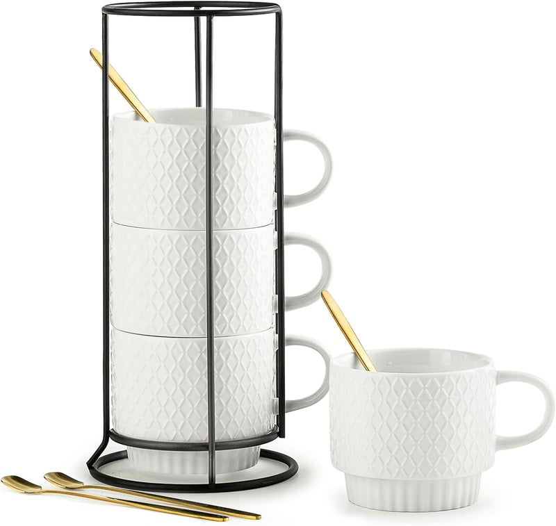 LYEOBOH Stackable Coffee Mugs with Rack 13 oz Ceramic Coffee Mug Set of 4 with Stand Latte Cup with Spoon Cappuccino Cups for Hot Cocoa Milk White - Image 1