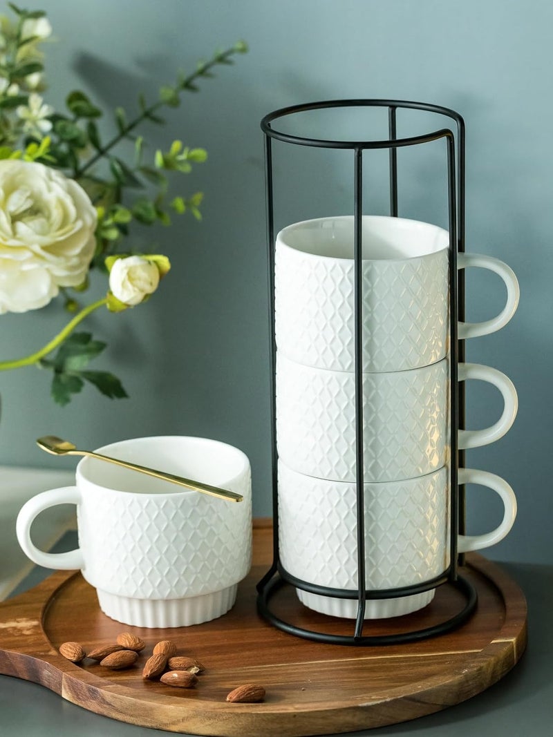 LYEOBOH Stackable Coffee Mugs with Rack 13 oz Ceramic Coffee Mug Set of 4 with Stand Latte Cup with Spoon Cappuccino Cups for Hot Cocoa Milk White - Image 3