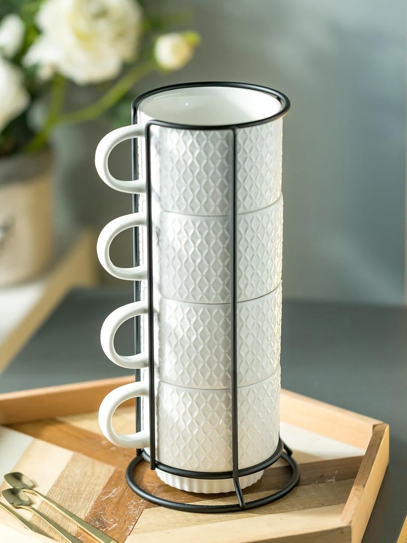 LYEOBOH Stackable Coffee Mugs with Rack 13 oz Ceramic Coffee Mug Set of 4 with Stand Latte Cup with Spoon Cappuccino Cups for Hot Cocoa Milk White - Image 5