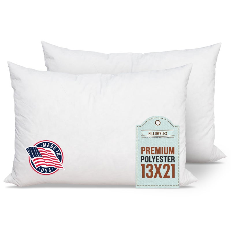 Pillowflex Premium Polyester Pillow Insert â€“ 13x21 - Rectangle Pillow Form, Machine Washable, Soft Sham Supports, Decorative Form for Covers and Throw Pillows, Hypoallergenic - Made in USA - 2 Pack - Image 1