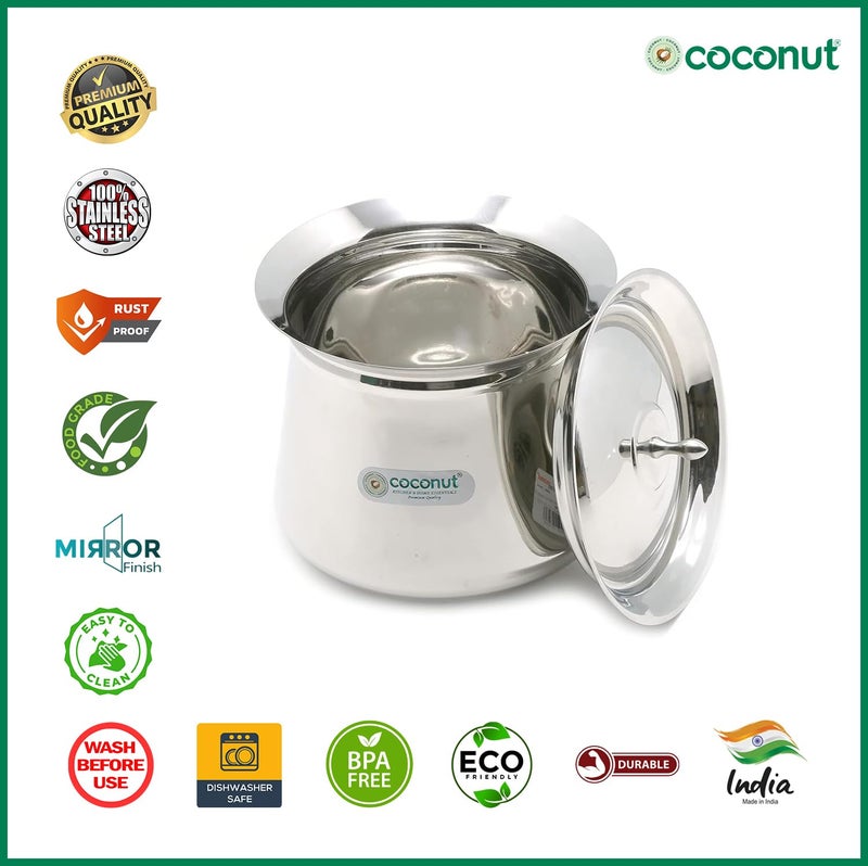 Coconut كوكوستيل ستانلس ستيل هاندي مع غطاء – قدر كسرولة ثقيل للطبخ الهندي، متوافق مع الغاز والحث، تشطيب مرآوي، مقاوم للصدأ | عبوة من 1 | 500 مل - Image 3