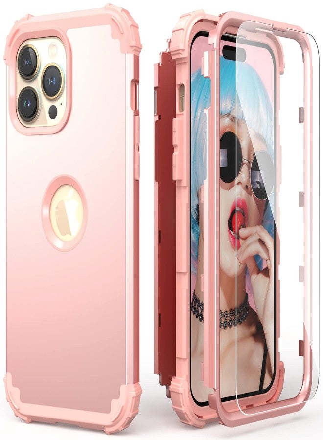اي دي ويل جراب IDweel لهاتف iPhone 15 Pro Max مع واقي شاشة للنساء، 3 في 1 مقاوم للصدمات، نحيف، هجين، متين، مصنوع من البولي كربونات الصلب، مع حواف من السيليكون الناعم، لون ذهبي وردي - Image 1