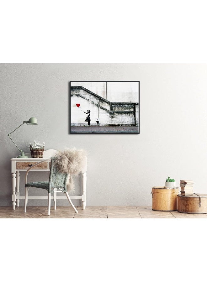 Pyradecor Black Framed Large Banksy Grafitti Girl with Red Balloon Grey Love Pictures Paintings Canvas Prints Artwork for Living Room Bedroom Home Office Decorations - Image 2