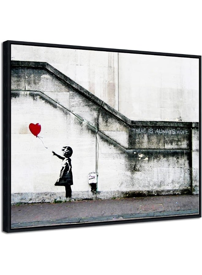 Pyradecor Black Framed Large Banksy Grafitti Girl with Red Balloon Grey Love Pictures Paintings Canvas Prints Artwork for Living Room Bedroom Home Office Decorations - Image 1