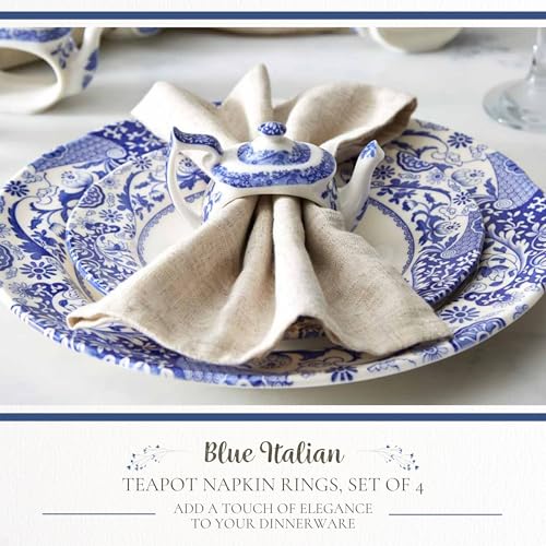 Spode Blue Italian Napkin Rings - Set of 4, Teapot Shaped Blue & White Table Accents for Dining Room Decor - Decorative Napkin Holders for Tableware & Seasonal Place Settings - Image 2