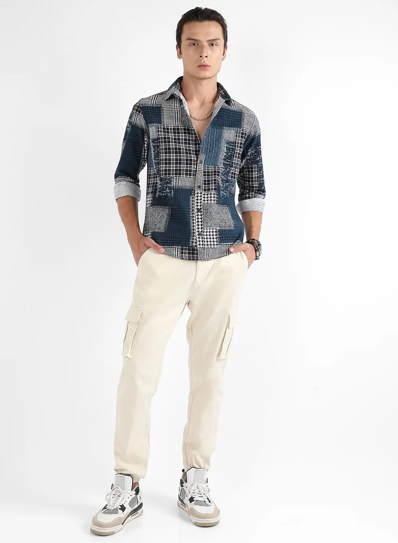 Campus Sutra Campus Sutra Men's Navy Blue Herringbone Block Shirt For Casual Wear | Spread Collar | Long Sleeve | Button Closure | Cotton Shirt Crafted With Comfort Fit For Everyday Wear