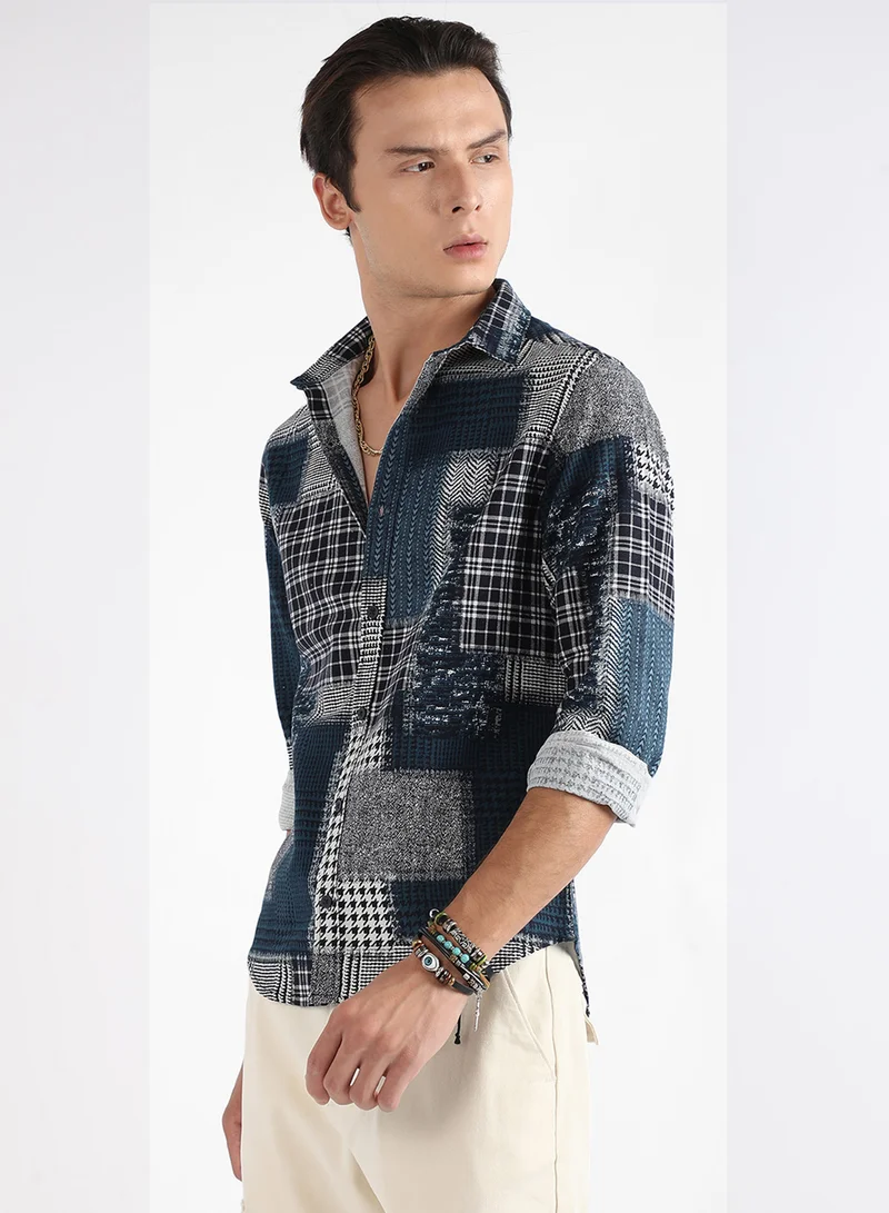 Campus Sutra Campus Sutra Men's Navy Blue Herringbone Block Shirt For Casual Wear | Spread Collar | Long Sleeve | Button Closure | Cotton Shirt Crafted With Comfort Fit For Everyday Wear
