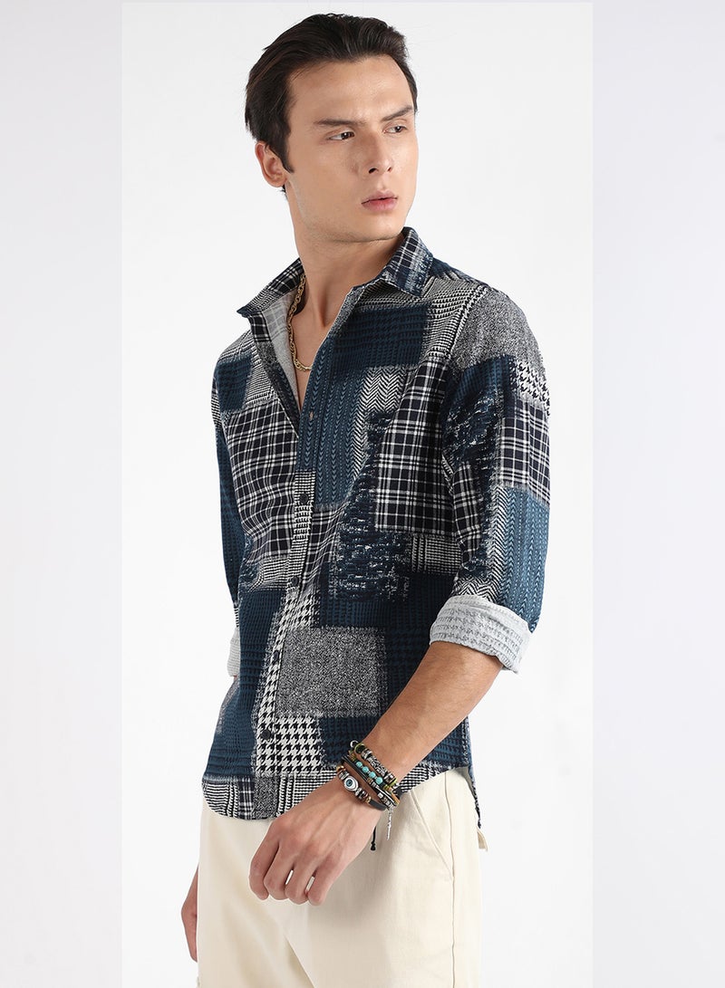 Campus Sutra Campus Sutra Men's Navy Blue Herringbone Block Shirt For Casual Wear | Spread Collar | Long Sleeve | Button Closure | Cotton Shirt Crafted With Comfort Fit For Everyday Wear  - Image 3