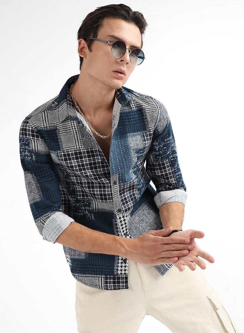Campus Sutra Campus Sutra Men's Navy Blue Herringbone Block Shirt For Casual Wear | Spread Collar | Long Sleeve | Button Closure | Cotton Shirt Crafted With Comfort Fit For Everyday Wear  - Image 1
