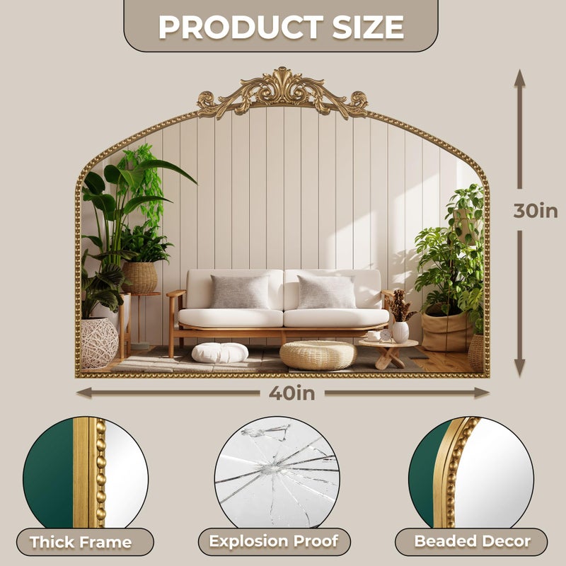 Wemily 40"x30" Gold Large Antique Mirror, Vintage Baroque Mirror with Ornate Beaded Frame for Home Decor - Living Room, Entryway, Bathroom, Fireplace - Image 3