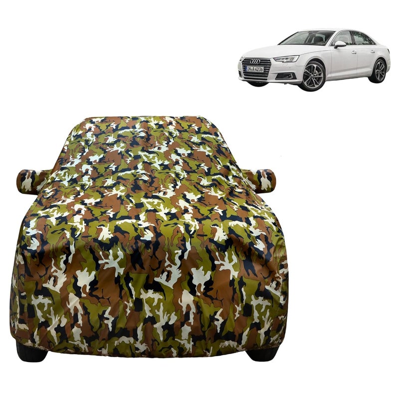 VYAS 100% Waterproof Car Body Cover for Audi A4 with Mirror Pocket Triple Stitched Belt & Buckle Fitting Dual Elastic, Durable Material Jungle Print Camouflage Design - Image 1