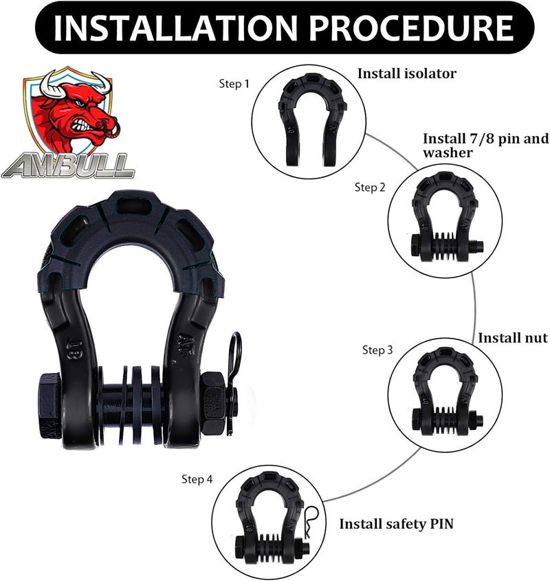 AMBULL Shackles Upgrade 3/4" D Ring Shackle (2 Pack) 70,000 lbs Break Strength with 7/8" Pin, Isolator and Washer Kits for Use with Tow Strap, Winch, Off-Road Truck Vehicle Recovery, Black - Image 5