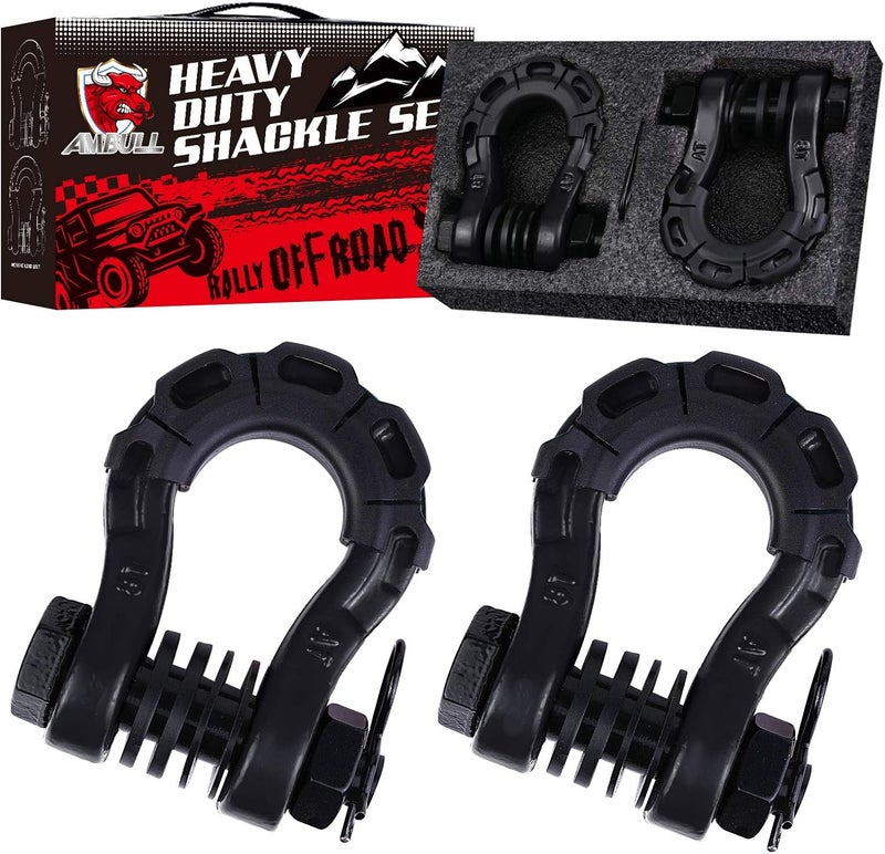 AMBULL Shackles Upgrade 3/4" D Ring Shackle (2 Pack) 70,000 lbs Break Strength with 7/8" Pin, Isolator and Washer Kits for Use with Tow Strap, Winch, Off-Road Truck Vehicle Recovery, Black - Image 1