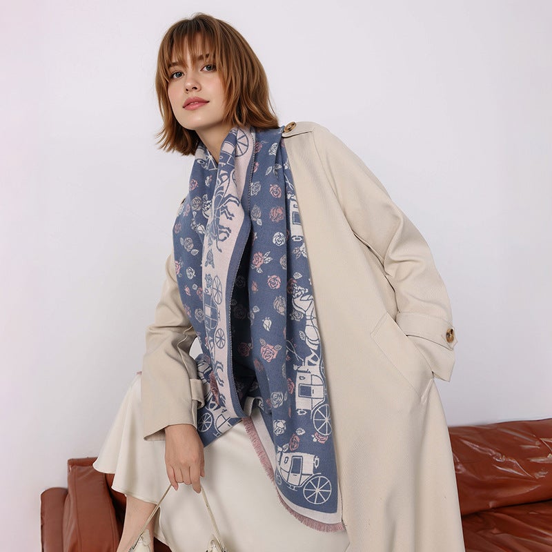 2025 Foreign Trade Scarf Autumn and Winter Versatile Long Scarf Imitation Cashmere Floral Carriage Shawl Wholesale Scarf - Image 3