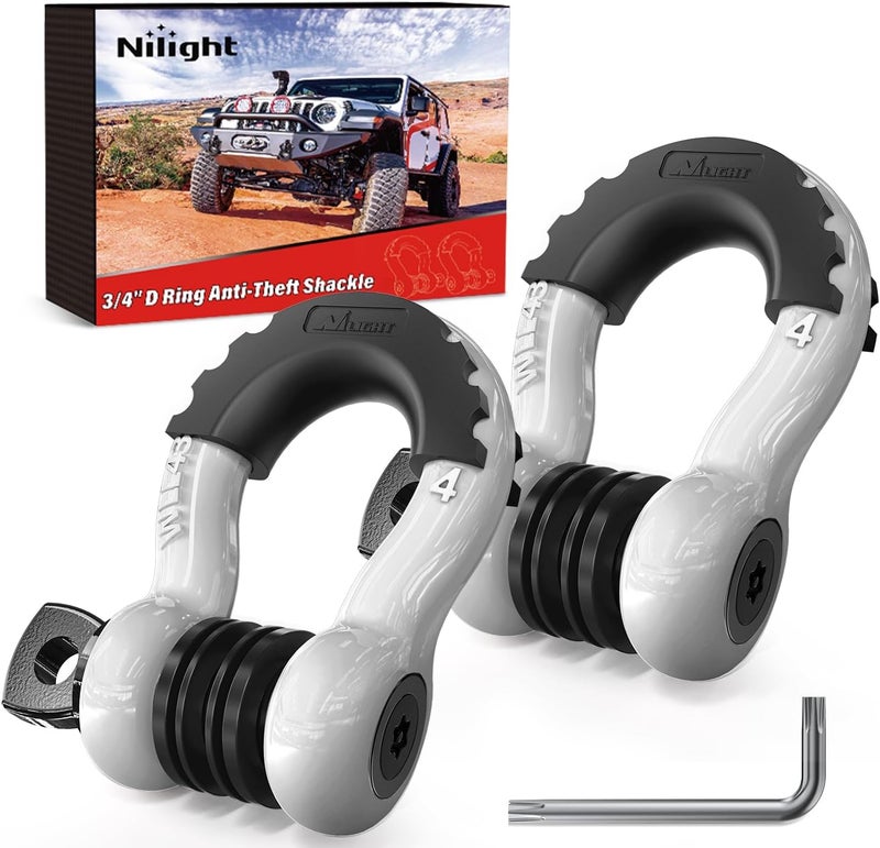 Nilight 3/4 inch D Ring Shackle 2 Pack 19T (41,887 lbs) Break Strength 4.75T WLL Heavy Duty Towing Hook with Anti-Theft System Anti-Rattle Isolators for Truck Jeep SUV ATV UTV Recovery White - Image 1