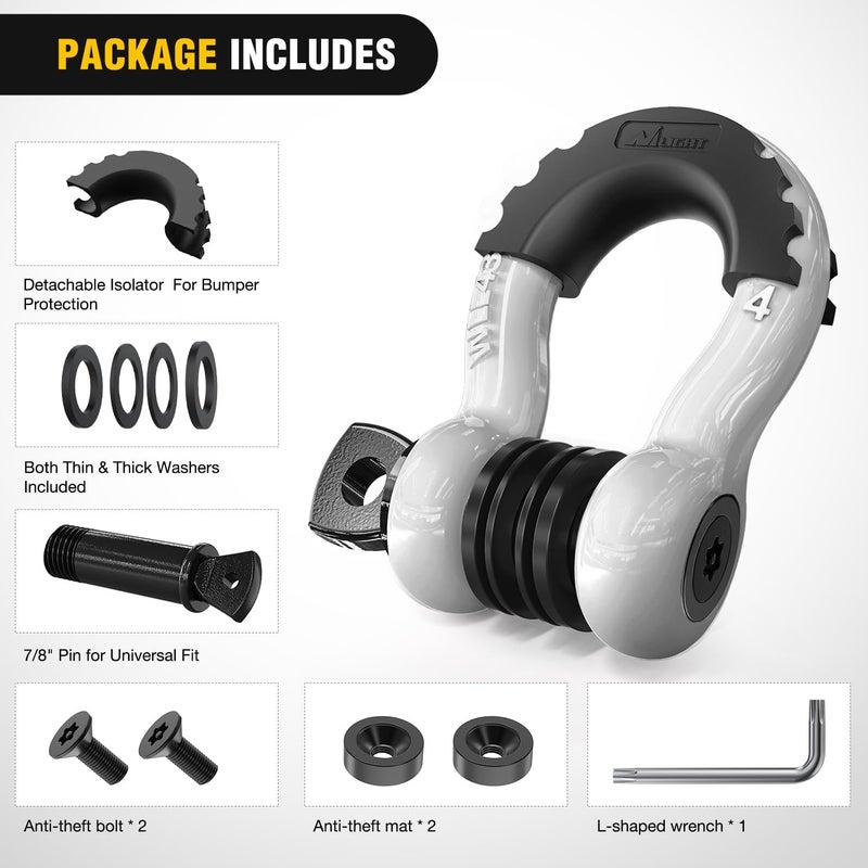 Nilight 3/4 inch D Ring Shackle 2 Pack 19T (41,887 lbs) Break Strength 4.75T WLL Heavy Duty Towing Hook with Anti-Theft System Anti-Rattle Isolators for Truck Jeep SUV ATV UTV Recovery White - Image 4