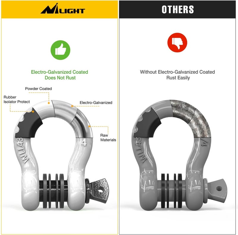 Nilight 3/4 inch D Ring Shackle 2 Pack 19T (41,887 lbs) Break Strength 4.75T WLL Heavy Duty Towing Hook with Anti-Theft System Anti-Rattle Isolators for Truck Jeep SUV ATV UTV Recovery White - Image 3