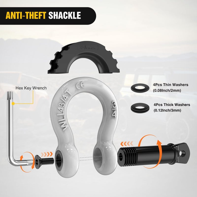 Nilight 3/4 inch D Ring Shackle 2 Pack 19T (41,887 lbs) Break Strength 4.75T WLL Heavy Duty Towing Hook with Anti-Theft System Anti-Rattle Isolators for Truck Jeep SUV ATV UTV Recovery White - Image 5
