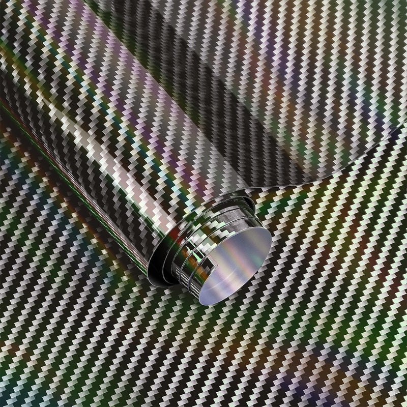 Foneso 2D Holographic Carbon Fiber Vinyl Wrap, High Gloss Silver Rainbow Chrome Wrapping Vinyl Film with Air Release Technology Auto DIY Paint Replacement Wrap Roll 1ft x 10ft - Image 1