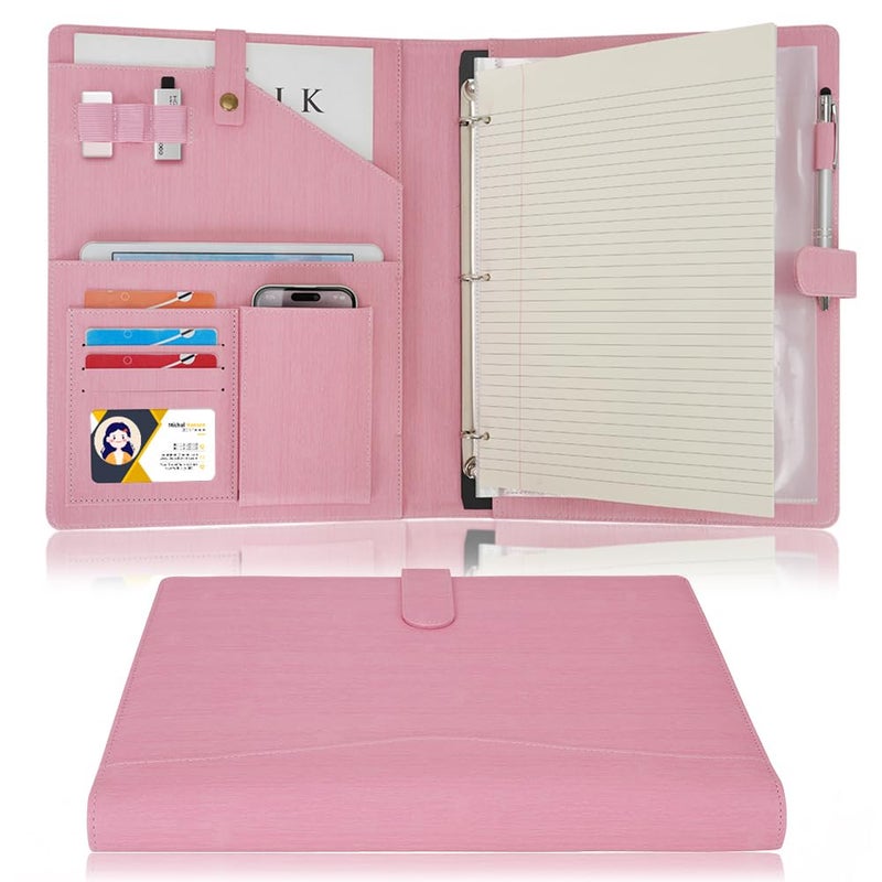 Wonderpool A4 PU Leather Portfolio Holder Ring File Document Case with Removable Binder Clipboard, Multi Pocket and Legal Pad for Business Organizer Interview and Meeting (Pink) - Image 1