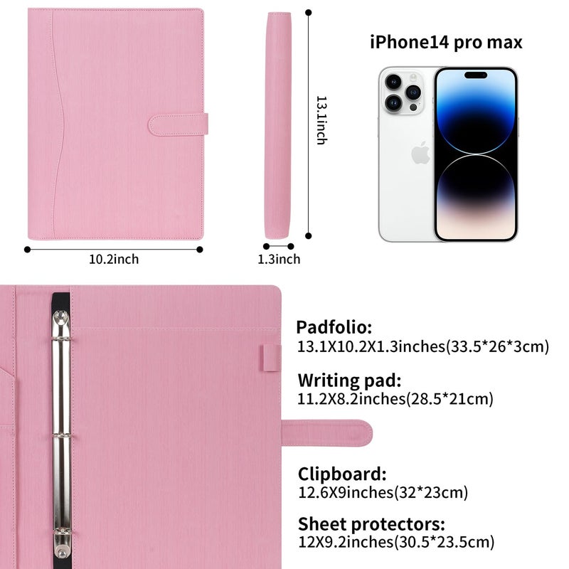 Wonderpool A4 PU Leather Portfolio Holder Ring File Document Case with Removable Binder Clipboard, Multi Pocket and Legal Pad for Business Organizer Interview and Meeting (Pink) - Image 2