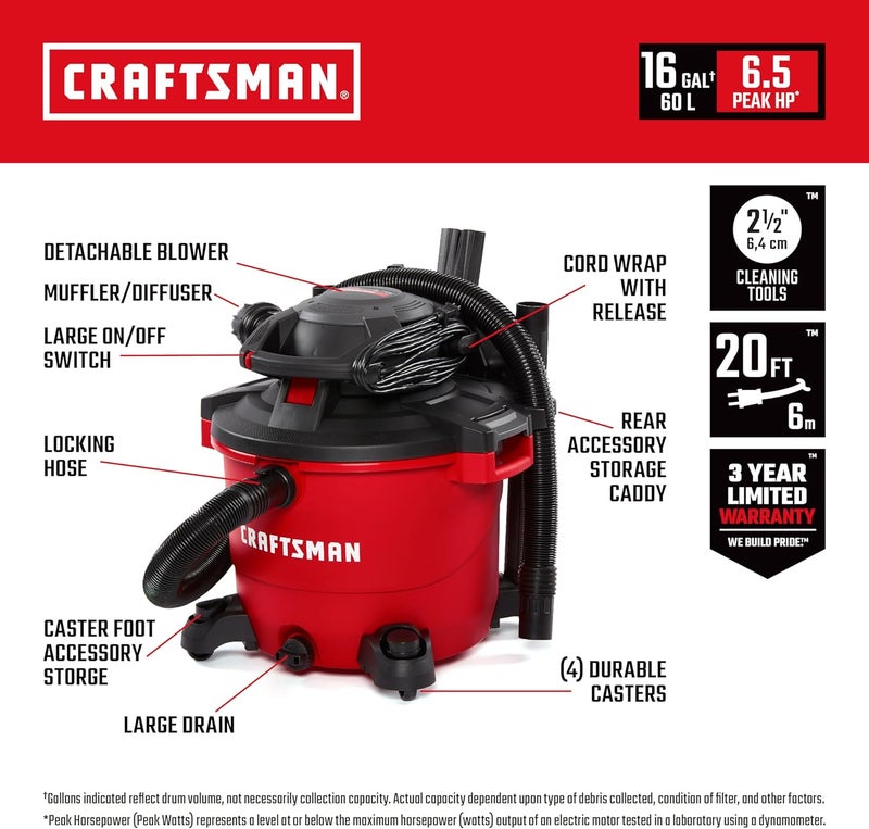 CRAFTSMAN CRAFTSMAN CMXEVBE17607 16 Gallon 65 Peak HP Wet Dry Vac with Detachable Leaf Blower Portable Shop Vacuum Wet and Dry with Filter Dust Bag Hose and Attachments for Garage Outdoor Cleaning - Image 2
