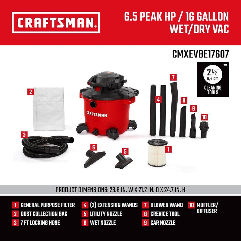 CRAFTSMAN CRAFTSMAN CMXEVBE17607 16 Gallon 65 Peak HP Wet Dry Vac with Detachable Leaf Blower Portable Shop Vacuum Wet and Dry with Filter Dust Bag Hose and Attachments for Garage Outdoor Cleaning - Image 3