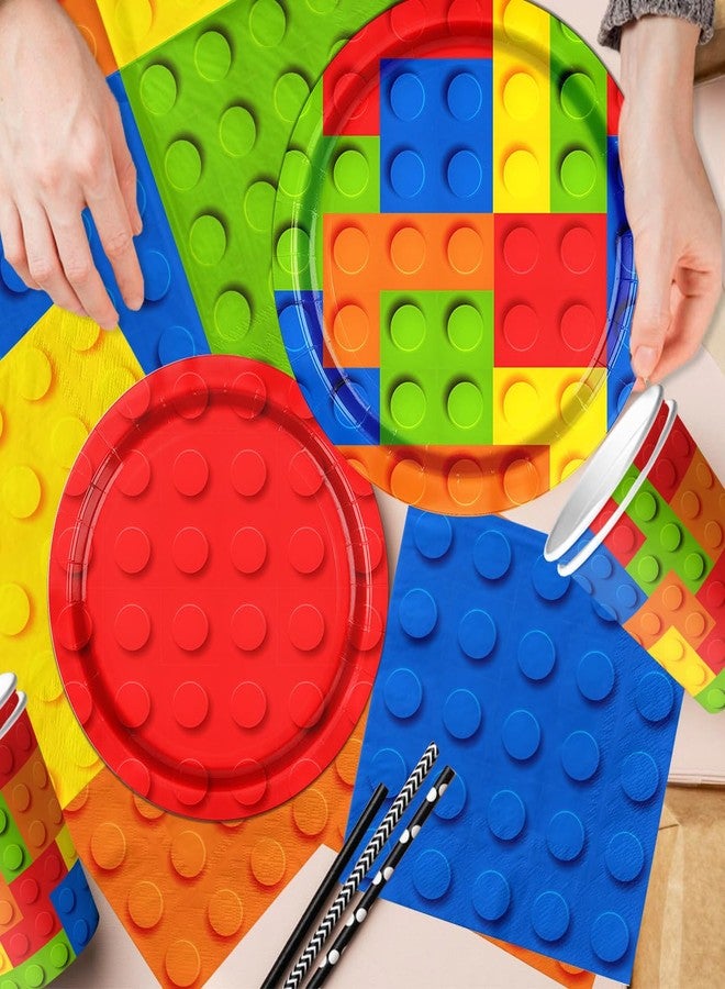 Bezkega Building Block Birthday Party Supplies,143pcs Building Block Tableware Set Colorful Blocks Bricks Plates and Napkins Supplies Include Plates Cups Tablecloth Banner for Building Block Party - Image 3