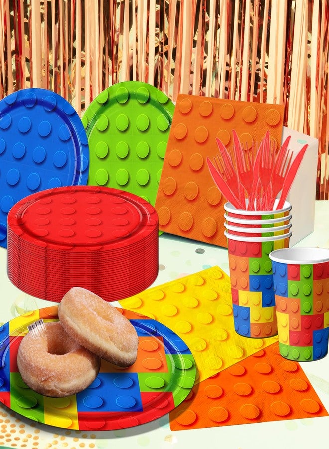 Bezkega Building Block Birthday Party Supplies,143pcs Building Block Tableware Set Colorful Blocks Bricks Plates and Napkins Supplies Include Plates Cups Tablecloth Banner for Building Block Party - Image 5