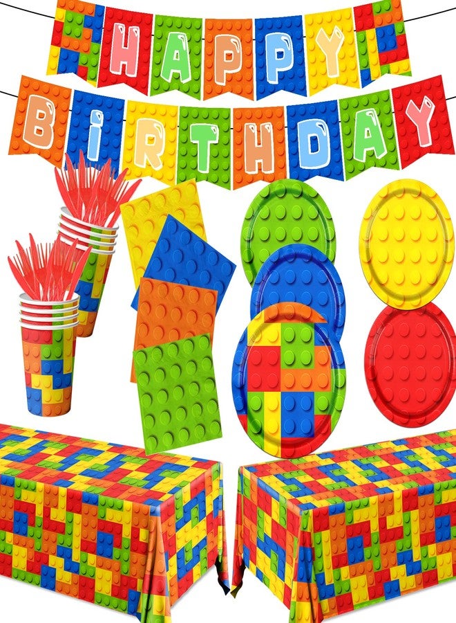 Bezkega Building Block Birthday Party Supplies,143pcs Building Block Tableware Set Colorful Blocks Bricks Plates and Napkins Supplies Include Plates Cups Tablecloth Banner for Building Block Party - Image 1