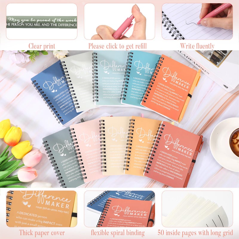 Resurhang 10 Sets Difference Maker Employee Appreciation Gifts Bulk Inspirational A6 Spiral Notebooks Journal with Ballpoint Pens for Social Worker Coworker Staff Team Office Gifts (Morandi Colors) - Image 3