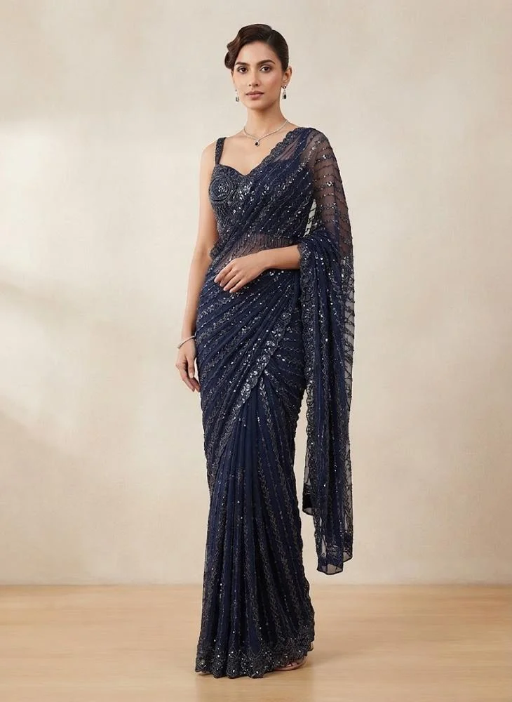 Viny VINY Navy 2-Piece Sequin Embellished Saree Set – Women's Indian Ethnic Wear