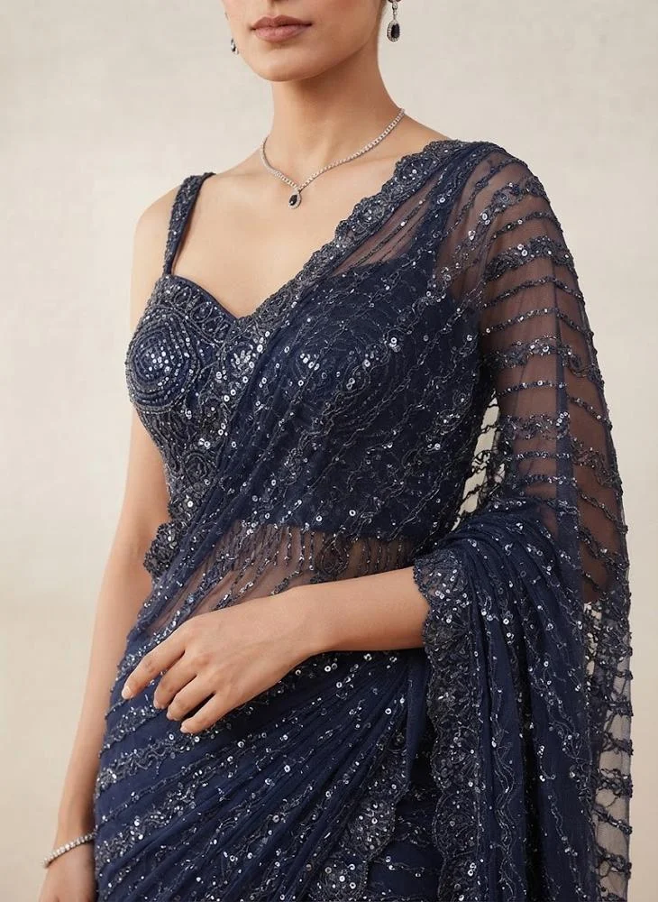 Viny VINY Navy 2-Piece Sequin Embellished Saree Set – Women's Indian Ethnic Wear