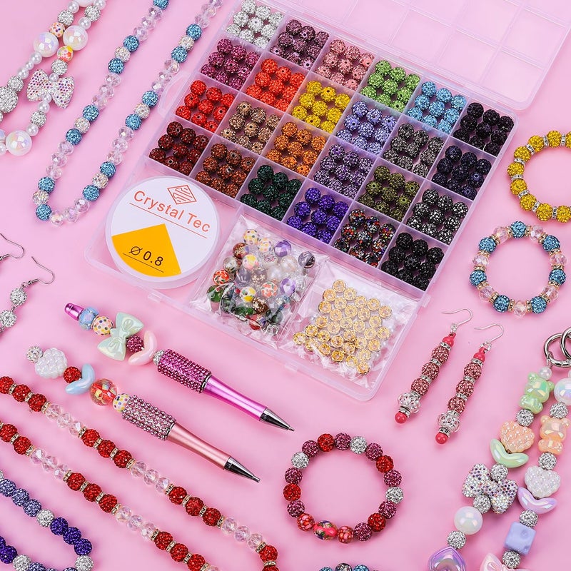 AIPRIDY Jewelry Making Beads Set, 590 PCS 10mm Round Mixed Color Rhinestone Clay Beads with Pearl and Floral Beads for DIY Bracelets, Necklaces(Fixed Mixed) - Image 4