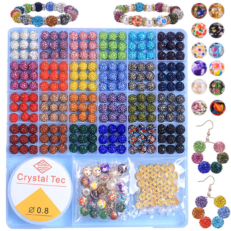 AIPRIDY Jewelry Making Beads Set, 590 PCS 10mm Round Mixed Color Rhinestone Clay Beads with Pearl and Floral Beads for DIY Bracelets, Necklaces(Fixed Mixed) - Image 1