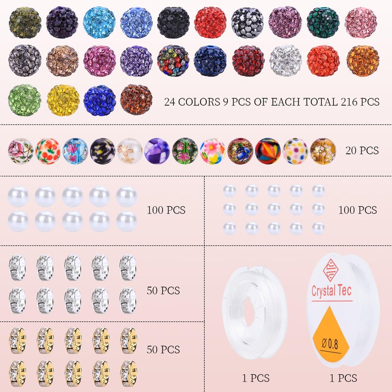 AIPRIDY Jewelry Making Beads Set, 590 PCS 10mm Round Mixed Color Rhinestone Clay Beads with Pearl and Floral Beads for DIY Bracelets, Necklaces(Fixed Mixed) - Image 5