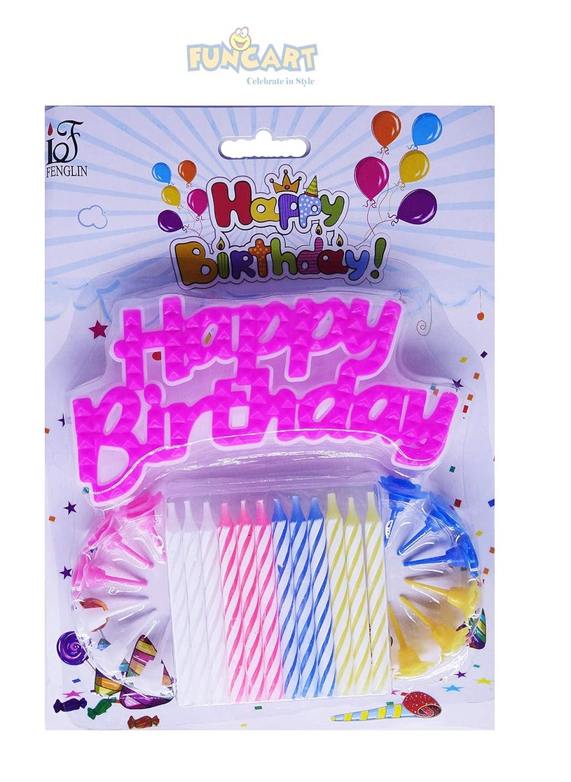 Funcart Funcart Pink Happy Birthday Cake Topper Set of 12 Colorful Stripe Candle with Stand for 1st Birthday DecorationCake TopperCake DecorationBirthday Decoration  - Image 1