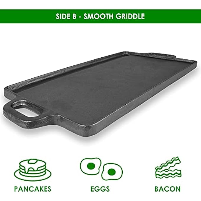 ProSource 2In1 Reversible 195 X 9 Cast Iron Griddle With Handles Preseasoned  NonStick For Gas Stovetop Oven And Open Fire - Image 4