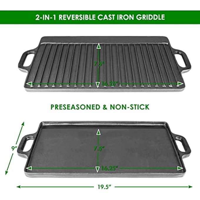 ProSource 2In1 Reversible 195 X 9 Cast Iron Griddle With Handles Preseasoned  NonStick For Gas Stovetop Oven And Open Fire - Image 2