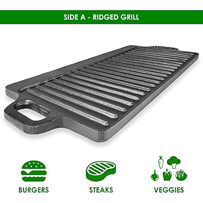 ProSource 2In1 Reversible 195 X 9 Cast Iron Griddle With Handles Preseasoned  NonStick For Gas Stovetop Oven And Open Fire - Image 3