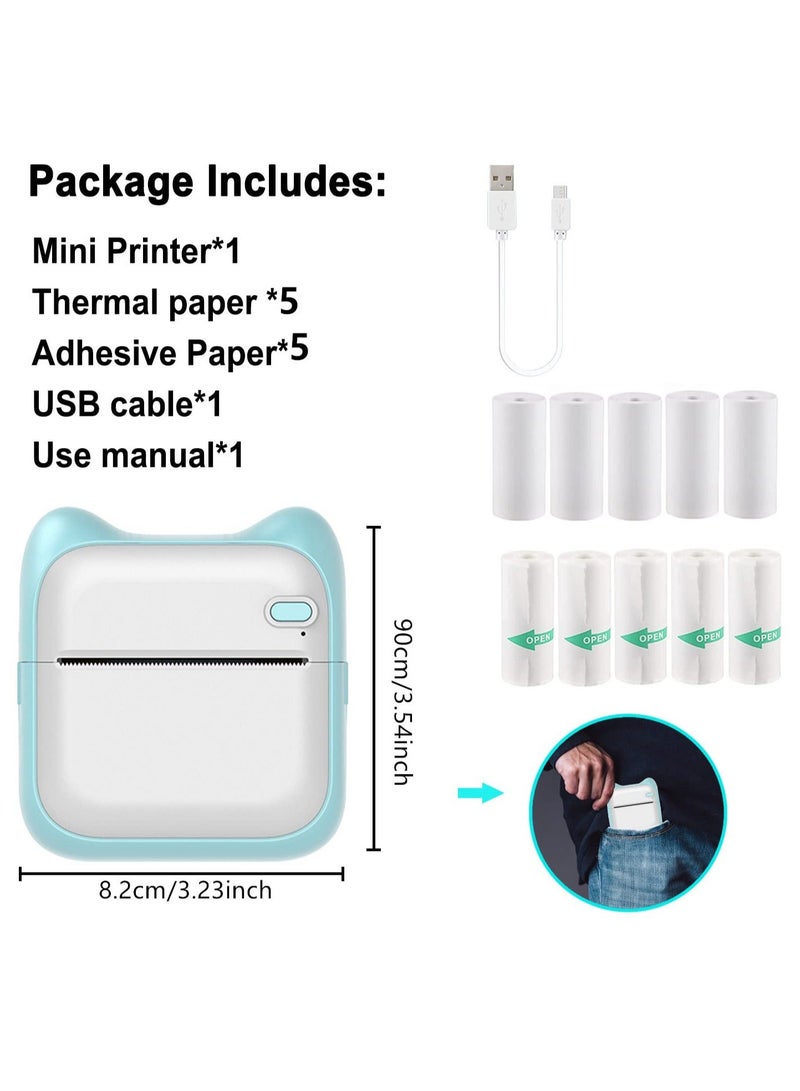SYOSI Mini Thermal Printer, Portable Label Printer Compatible with Android and ios, 5 Rolls of Stickers Paper Printable Photos, Lists, QR Codes, Notes
