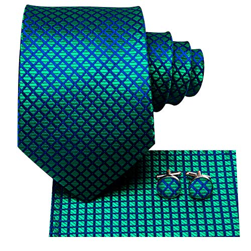 Dubulle Mens Blue Green Plaids Floral Silk Tie for Men Striped Necktie and Pocket Square Cufflinks Set Wedding Business - Image 3