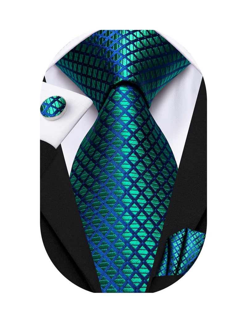 Dubulle Mens Blue Green Plaids Floral Silk Tie for Men Striped Necktie and Pocket Square Cufflinks Set Wedding Business - Image 1