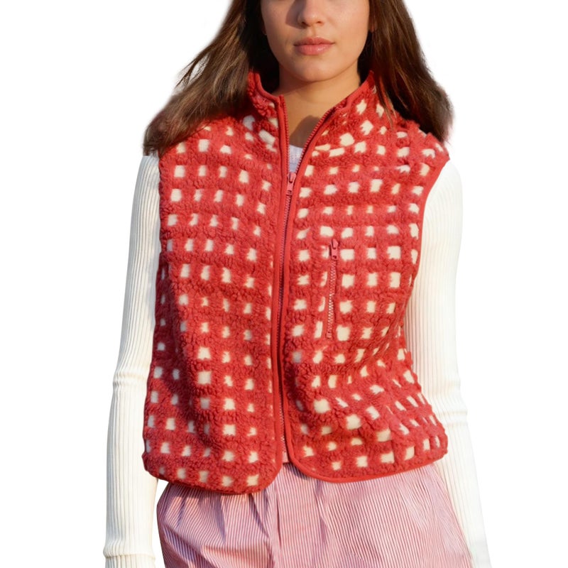 SeeLuNa Womens Checkered Sherpa Vest Sleeveless Winter Fleece Jacket High Neck Zip Up Plaid Gilet with Chest Pocket(Red,M) - Image 1